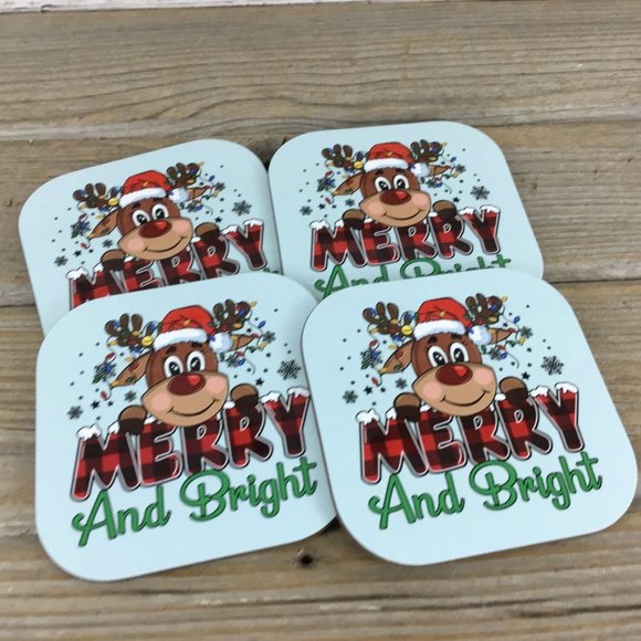 Merry and Bright Reindeer Christmas Coasters Set of 4 - Picture 1 of 8
